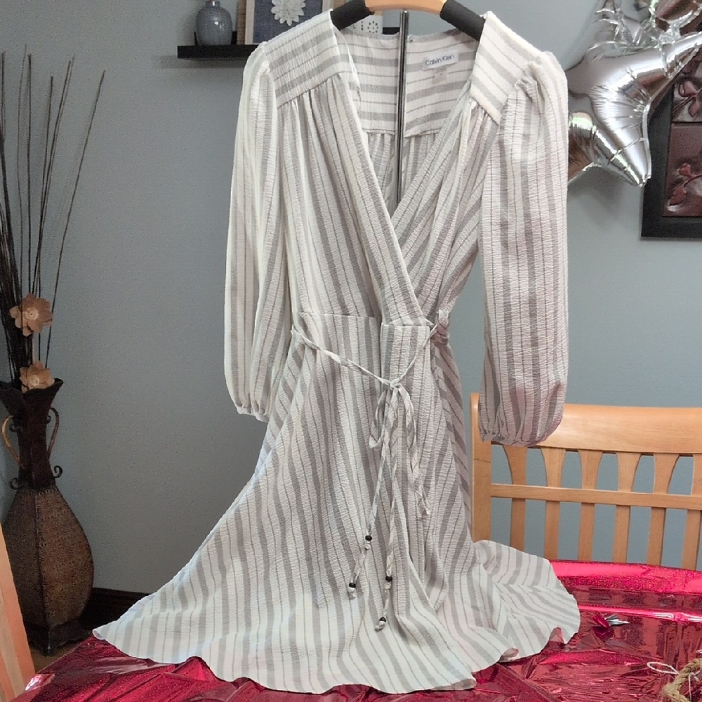 Calvin Klein Long Sleeve Dress in White and Gray Stripes